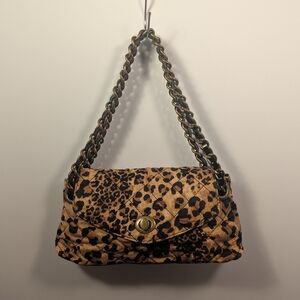 Leopard Quilted Shoulder Bag with Chain Strap - Brown